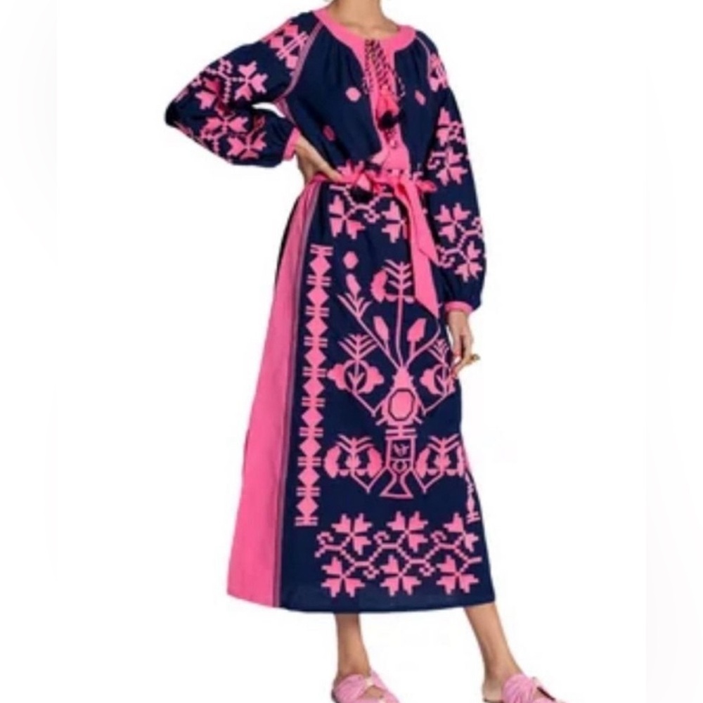 Nwt Frances Valentine Stephanie Embroidered Tunic Dress 1X Maxi navy/pink